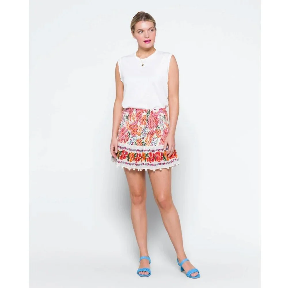 Farm Rio Spring Bananas Mini Skirt Smocked Stretch Floral Multicolor LARGE - Picture 2 of 16